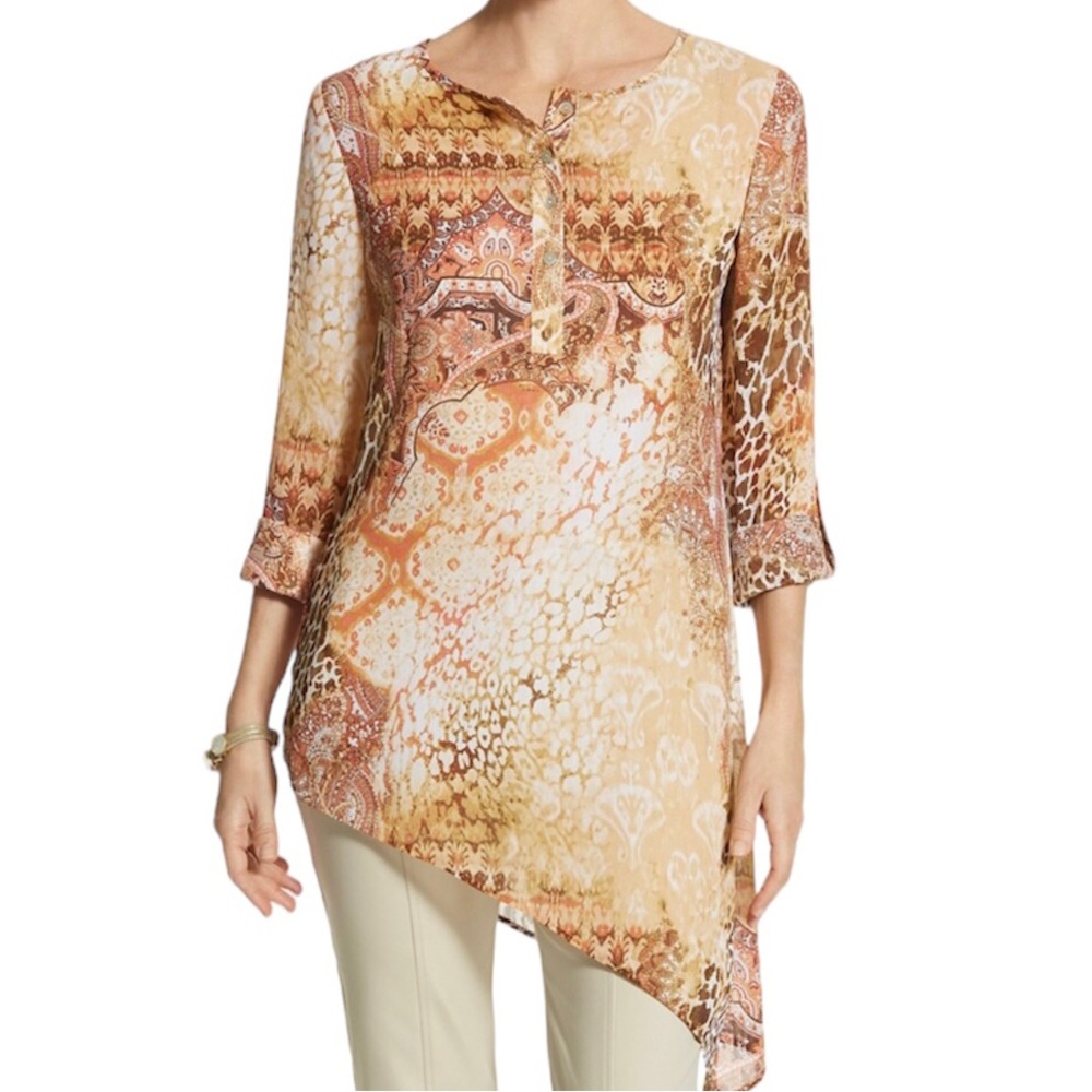 Chico’s Size 2 (Large 12) Animal Fusion Ali Top Asymmetrical Hem Mixed Print EUC